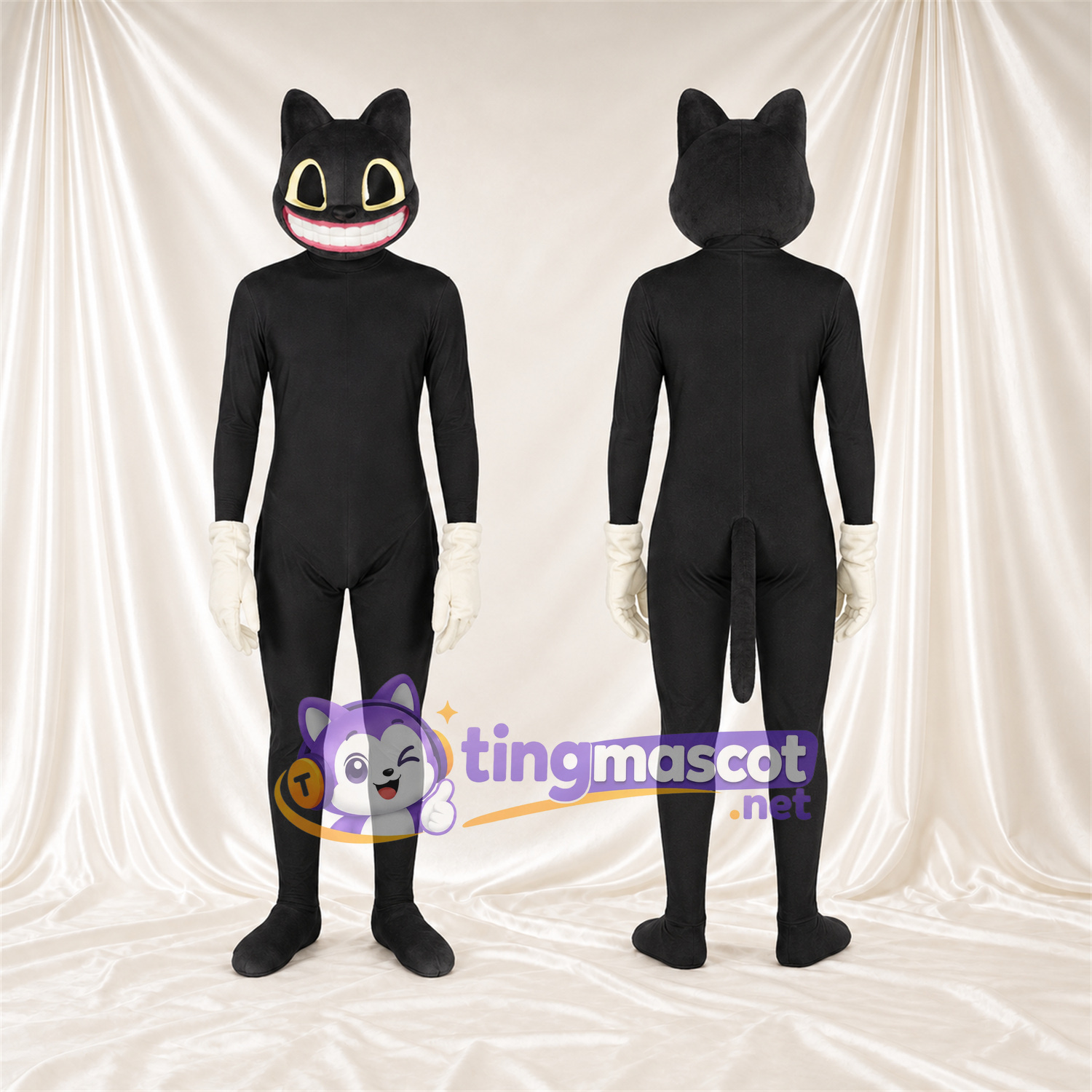 Costume de mascotte Chat – noir – Mains (blanc); Sourire avec dents Costume de mascotte Chat – noir – Mains (blanc); Sourire avec dents