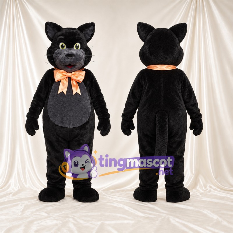 Black and Gray Cat Mascot Costume - Orange Bow Tie