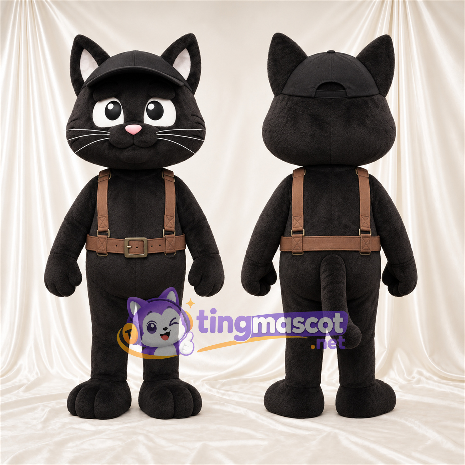Costume de mascotte Chat – noir – Harnais (marron); Casquette (noir) Costume de mascotte Chat – noir – Harnais (marron); Casquette (noir)