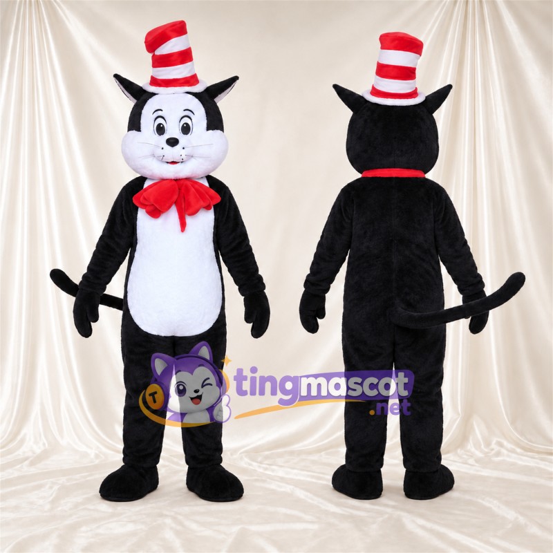 Black and White Cat Mascot Costume - Red Bow Tie and Red and White Striped Top Hat, White Belly and Curled Tail