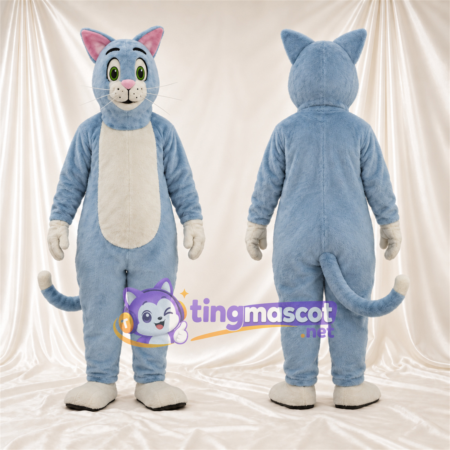 Costume de mascotte Chat – gris / blanc – Pieds (blanc); Yeux (vert) Costume de mascotte Chat – gris / blanc – Pieds (blanc); Yeux (vert)