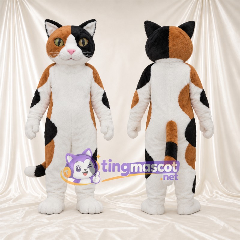 Costume de mascotte Chat tricolore – blanc / noir / orange – Nez (rose); Taches