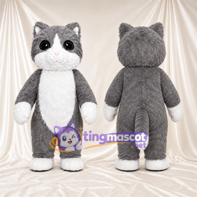 Costume de mascotte Chat – gris / blanc – Bout de la queue (blanc); Liste sur le visage (blanc)