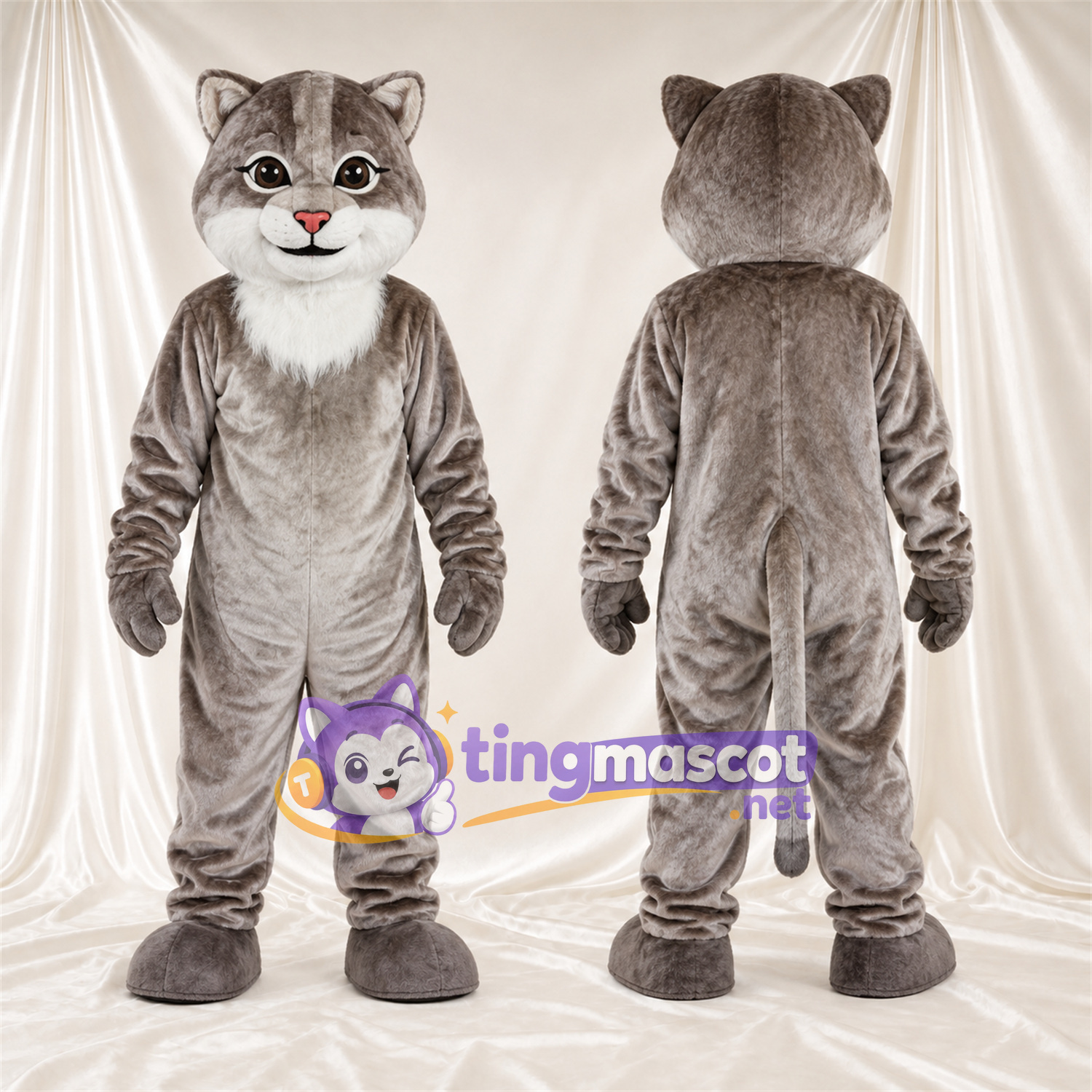 Costume de mascotte Chat tigré – gris / blanc – Torse (blanc); Nez (rose) Costume de mascotte Chat tigré – gris / blanc – Torse (blanc); Nez (rose)