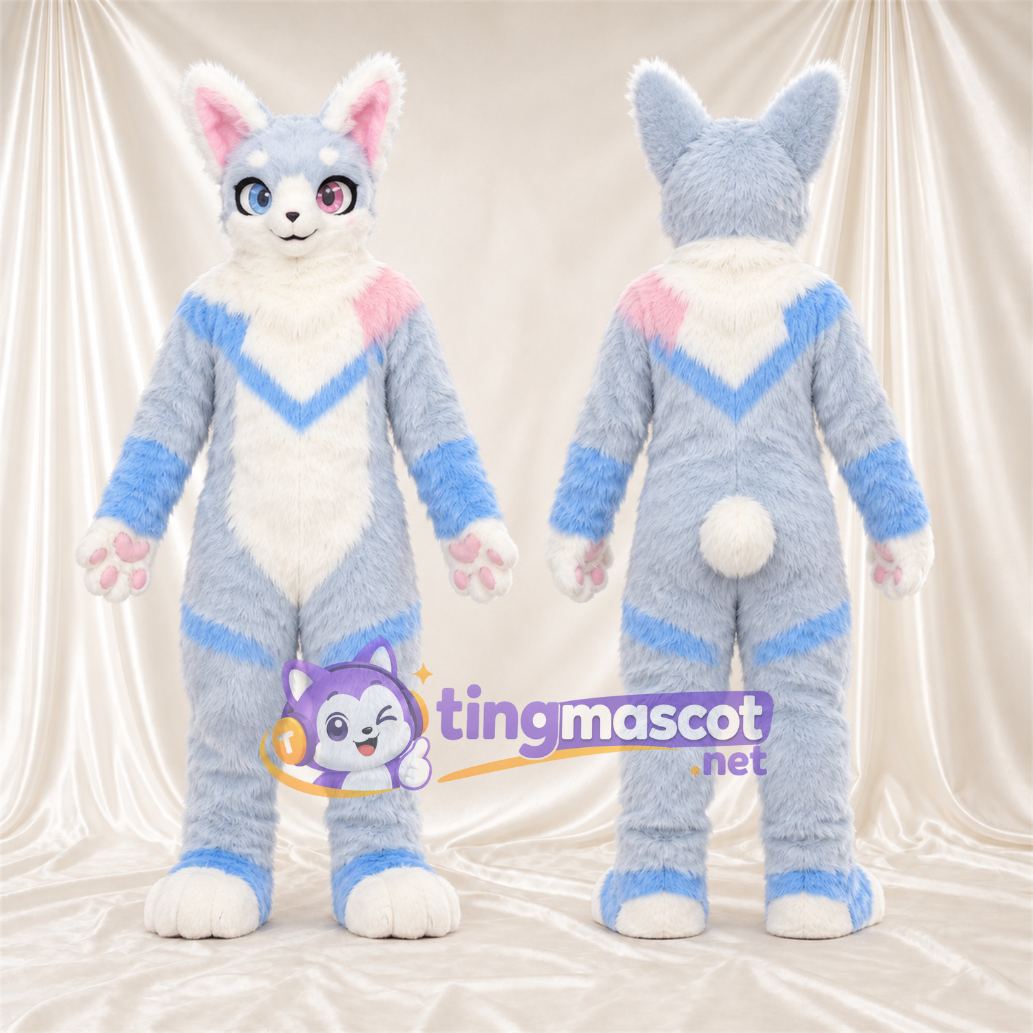 Maskottchenkostüm Hase – grau / blau / weiß – Farbakzente (rosa) Maskottchenkostüm Hase – grau / blau / weiß – Farbakzente (rosa)