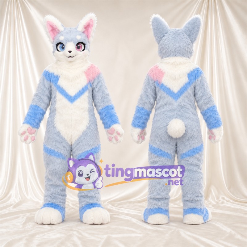Maskottchenkostüm Hase – grau / blau / weiß – Farbakzente (rosa)