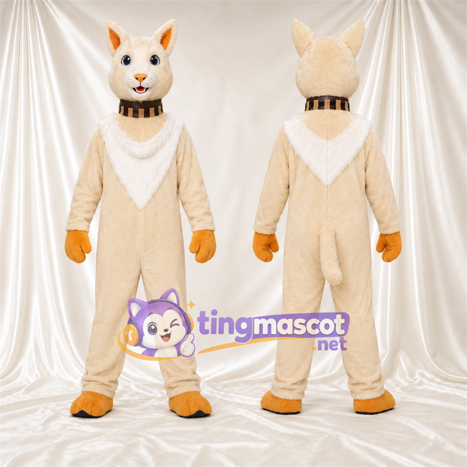 Costume de mascotte Chat – crème – Col Costume de mascotte Chat – crème – Col