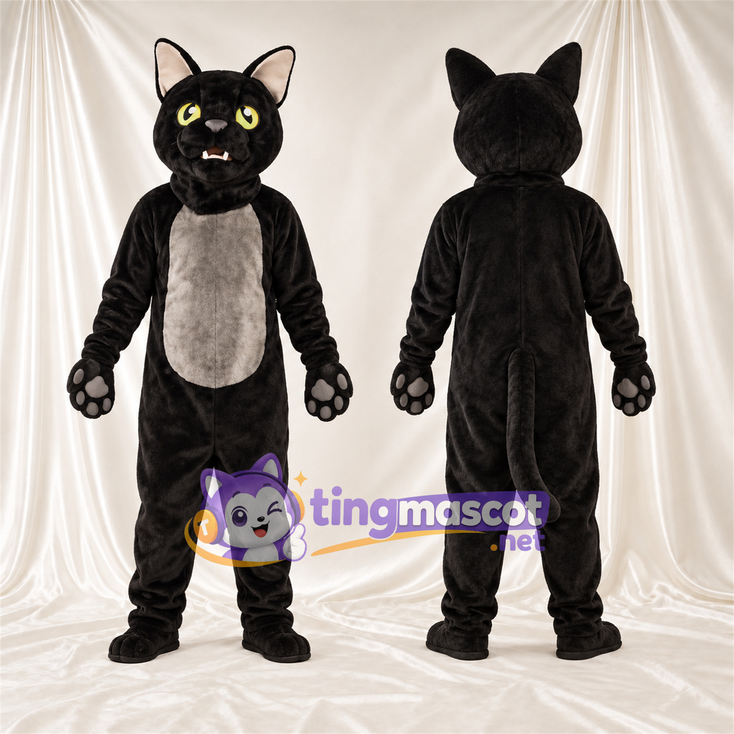 Black and Gray Cat Mascot Costume - Gray Belly and Pointed Fangs Black and Gray Cat Mascot Costume - Gray Belly and Pointed Fangs