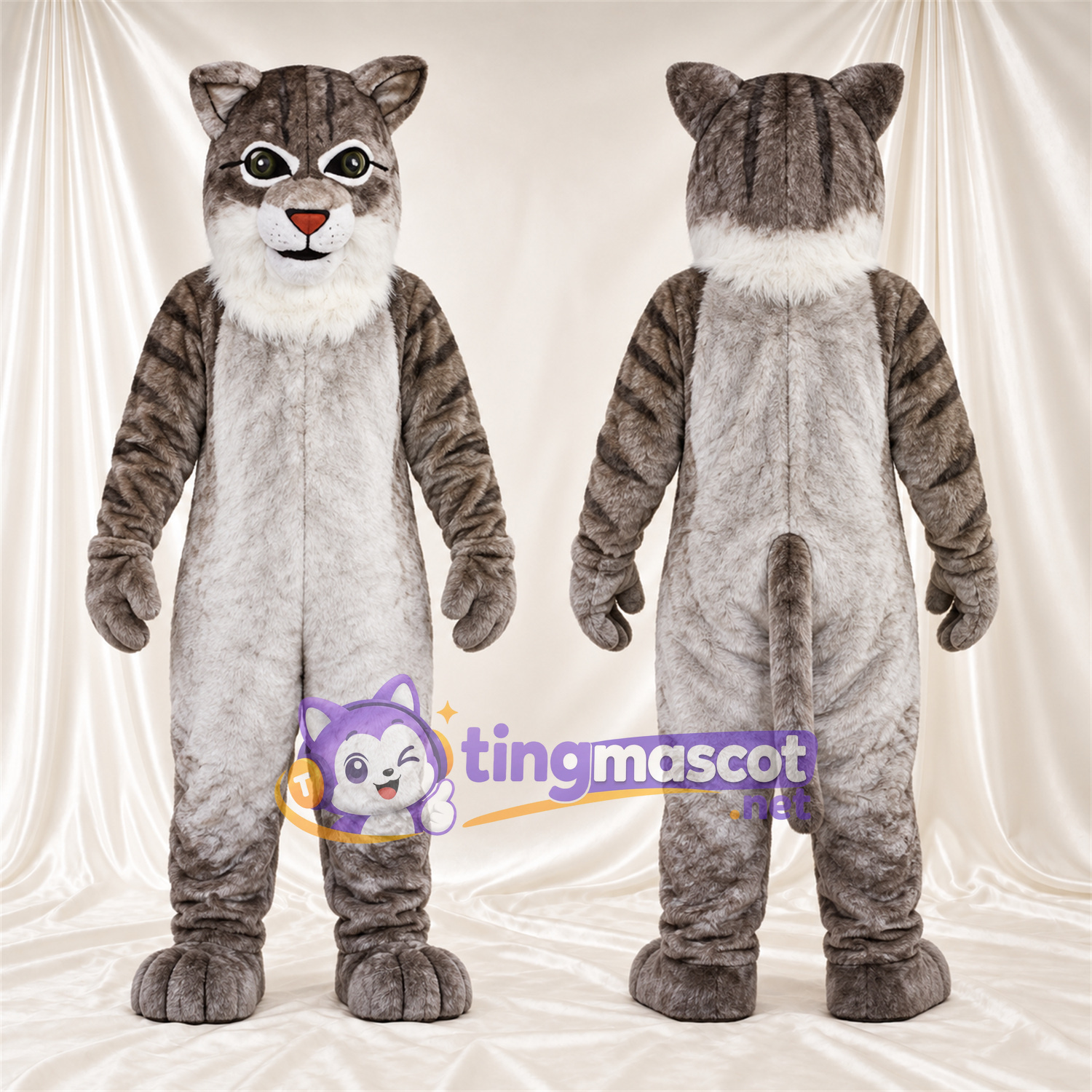 Costume de mascotte Chat tigré – gris / blanc – Torse (blanc); Jambes rayées Costume de mascotte Chat tigré – gris / blanc – Torse (blanc); Jambes rayées