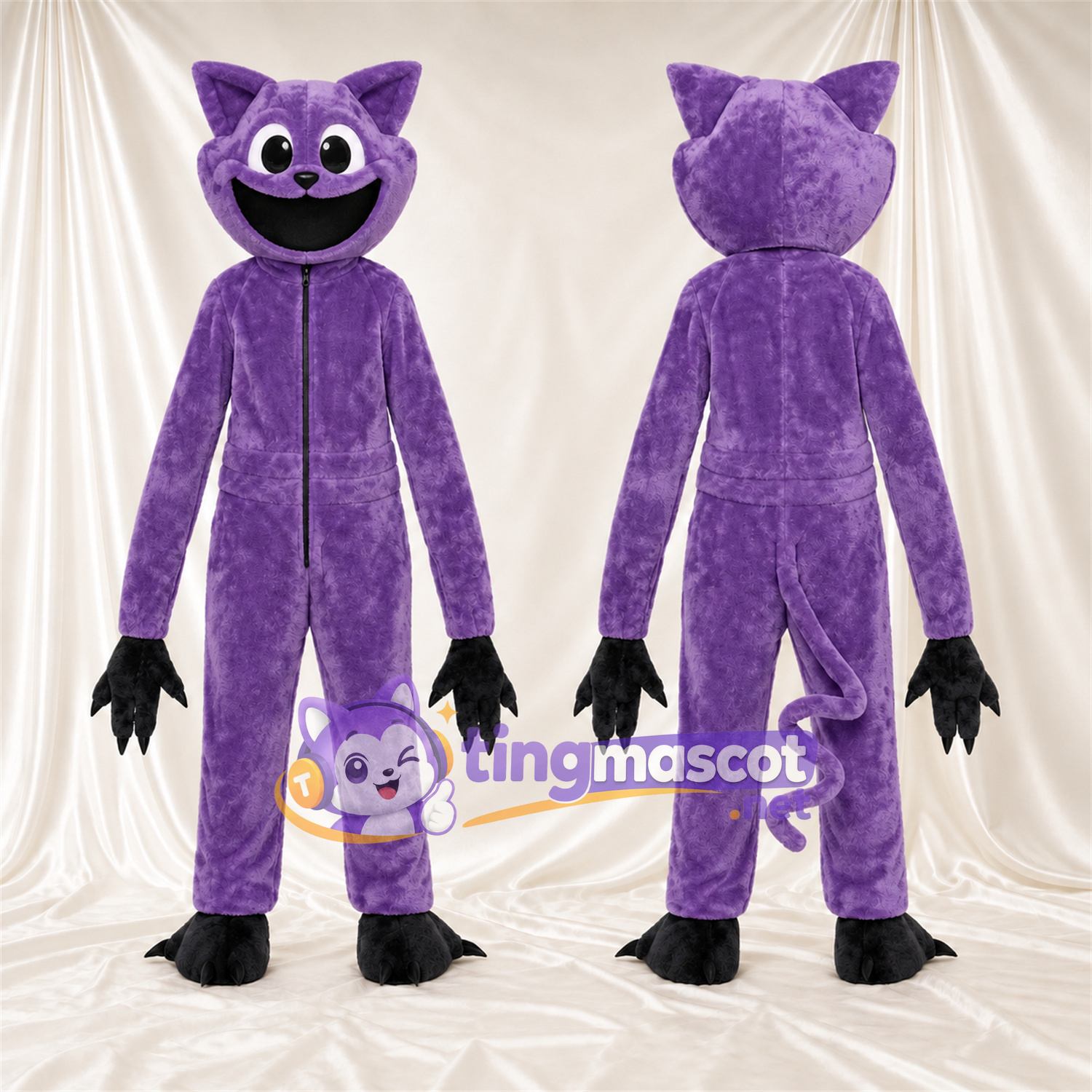 Costume de mascotte Chat – violet – Queue enroulée; Gants (noir) Costume de mascotte Chat – violet – Queue enroulée; Gants (noir)