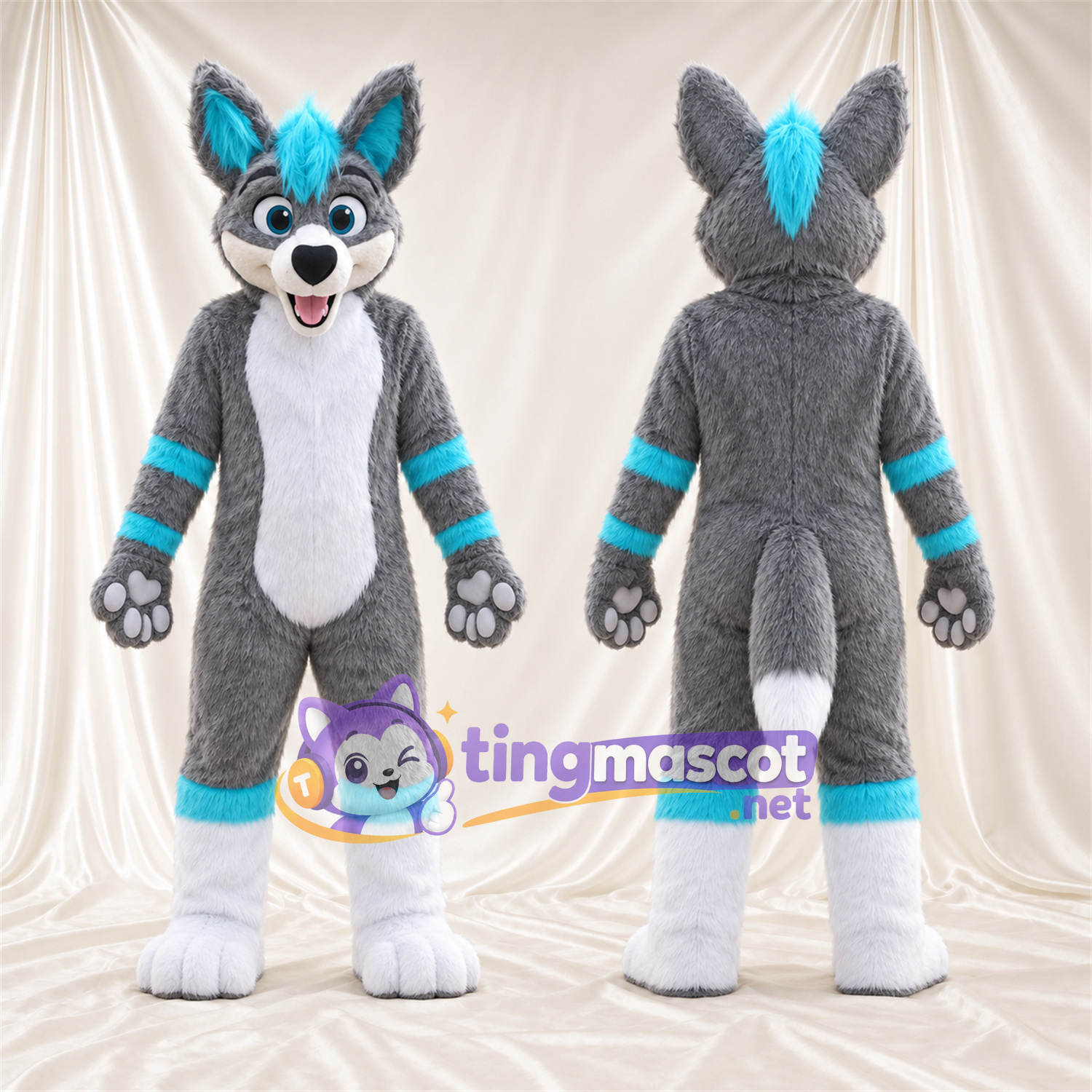 Gray, White and Turquoise Wolf Mascot Costume Gray, White and Turquoise Wolf Mascot Costume