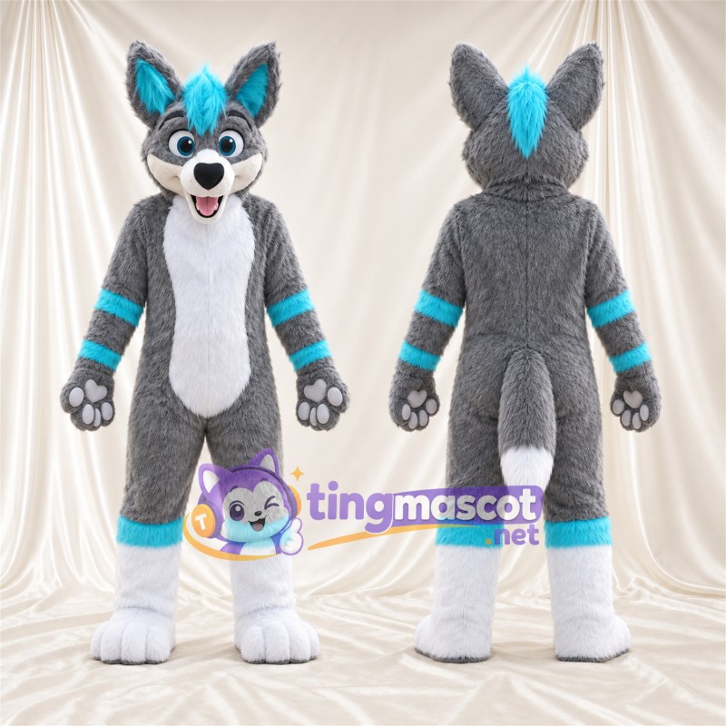 Gray, White and Turquoise Wolf Mascot Costume