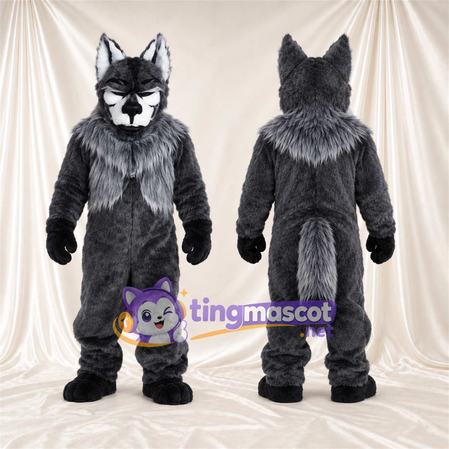 Black and Gray Wolf Mascot Costume - Black Gloves and Shaggy Gray Neck Ruff Black and Gray Wolf Mascot Costume - Black Gloves and Shaggy Gray Neck Ruff