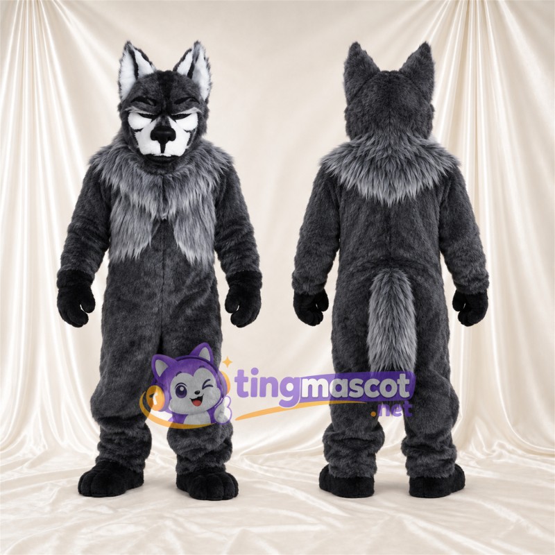 Black and Gray Wolf Mascot Costume - Black Gloves and Shaggy Gray Neck Ruff