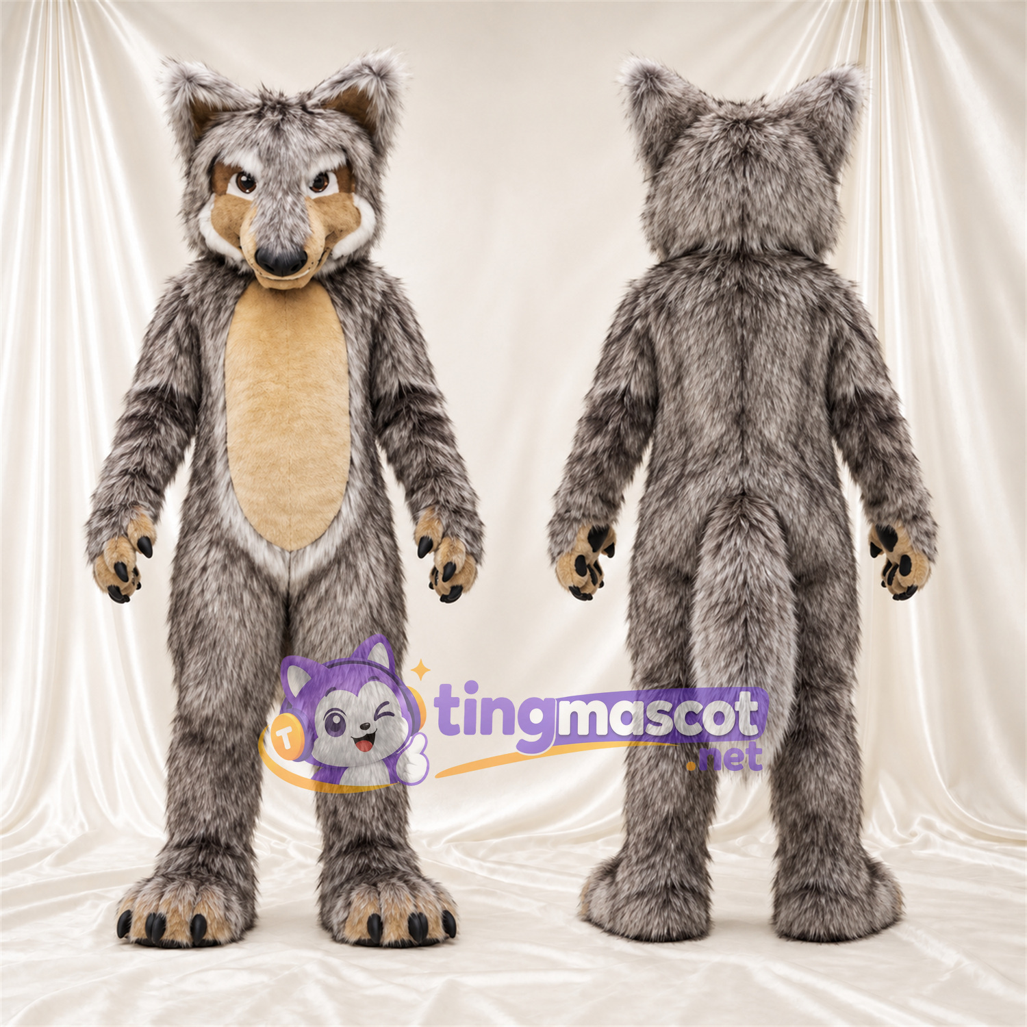 Costume de mascotte Loup – marron / gris – Ventre (brun clair); Griffes (noir)