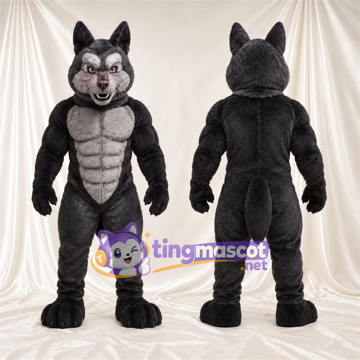 Black and Gray Wolf Mascot Costume - Gray Muscle Chest and Black Claws Black and Gray Wolf Mascot Costume - Gray Muscle Chest and Black Claws
