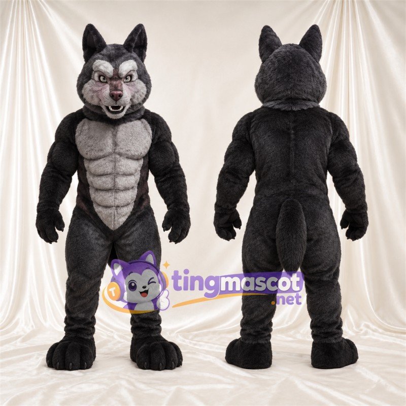 Black and Gray Wolf Mascot Costume - Gray Muscle Chest and Black Claws