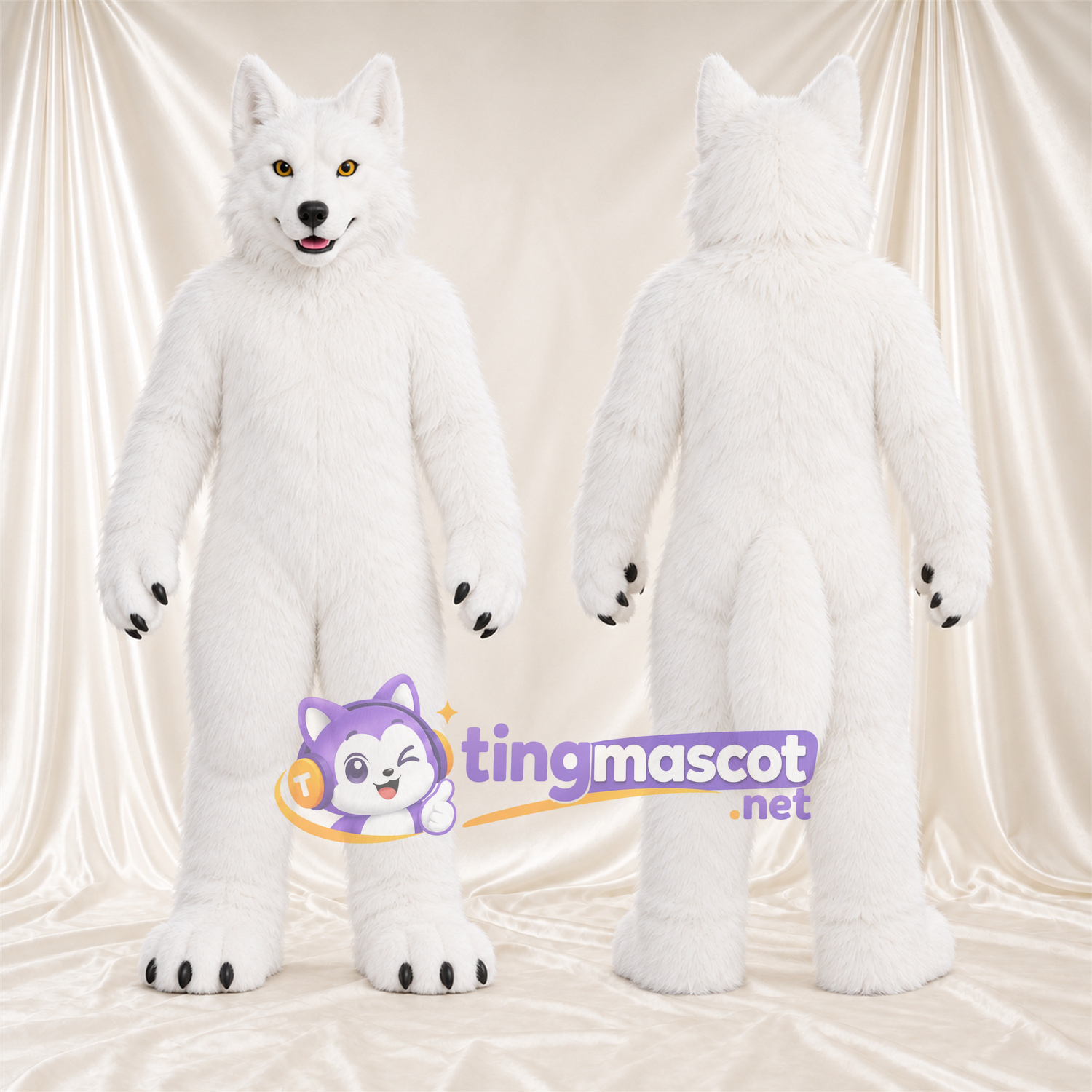 Costume de mascotte Husky – blanc – Griffes (noir); Coussinets (noir) Costume de mascotte Husky – blanc – Griffes (noir); Coussinets (noir)