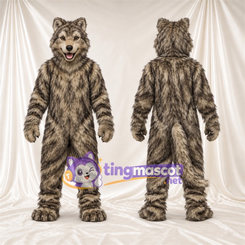 Costume de mascotte Loup – marron / gris – Queue touffue; Fourrure hirsute