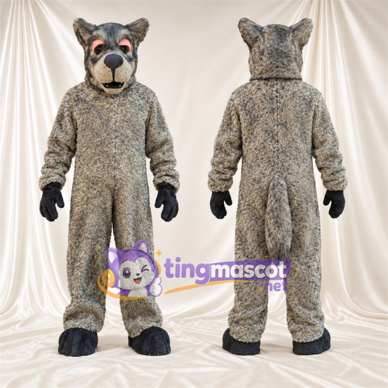 Costume de mascotte Loup – marron / gris – Gants (noir); Pieds (noir)