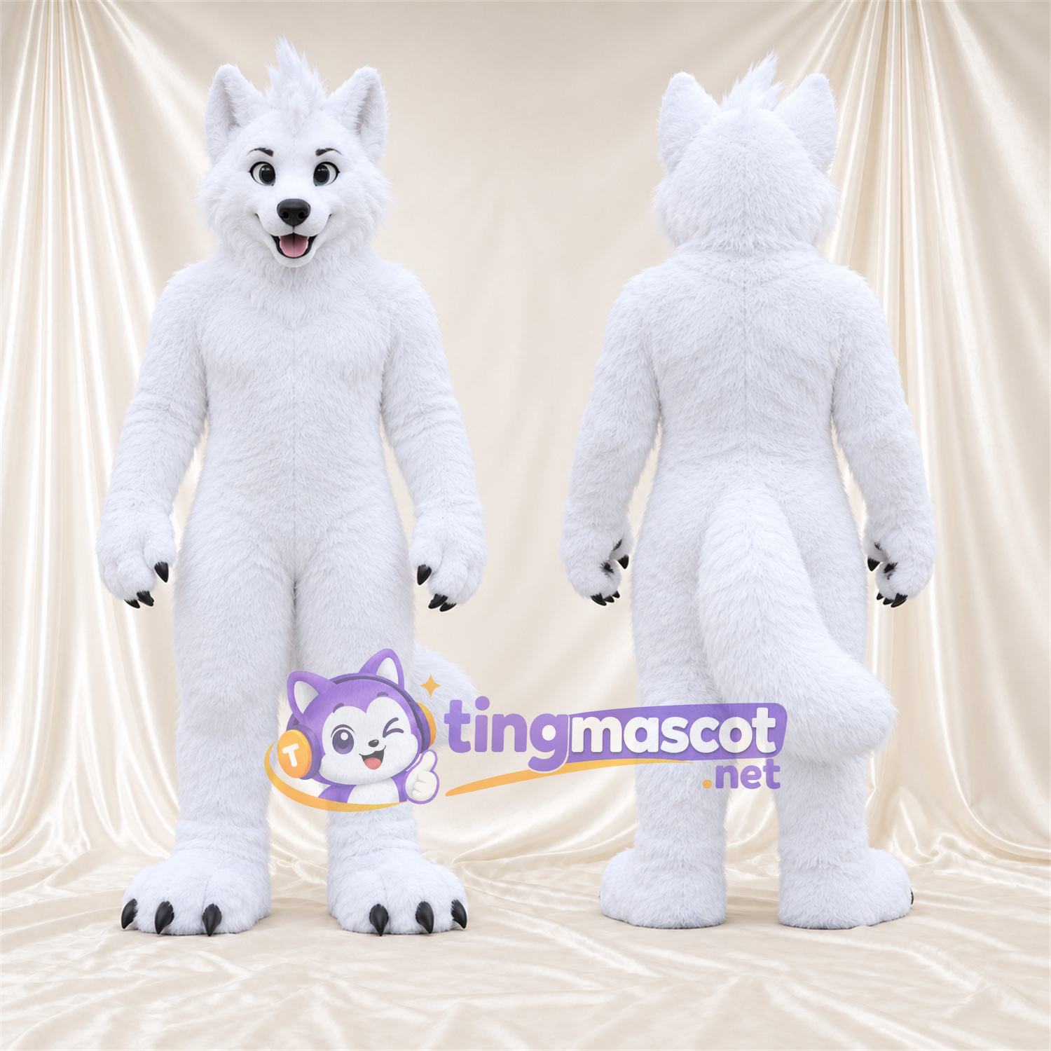 Costume de mascotte Loup – blanc – Longue queue; Griffes (noir) Costume de mascotte Loup – blanc – Longue queue; Griffes (noir)