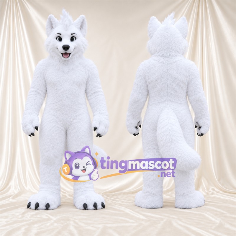 Costume de mascotte Loup – blanc – Longue queue; Griffes (noir)