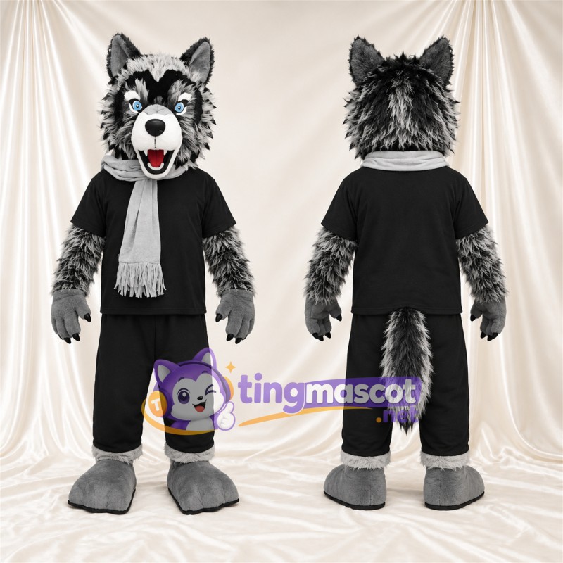 Black and Gray Wolf Mascot Costume - Black Outfit and White Scarf