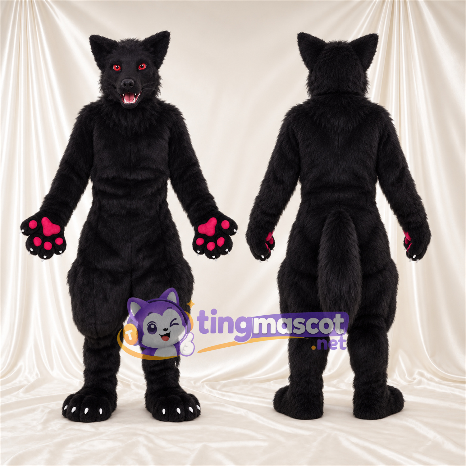 Costume de mascotte Loup – noir – Coussinets (rose); Yeux (rouge) Costume de mascotte Loup – noir – Coussinets (rose); Yeux (rouge)