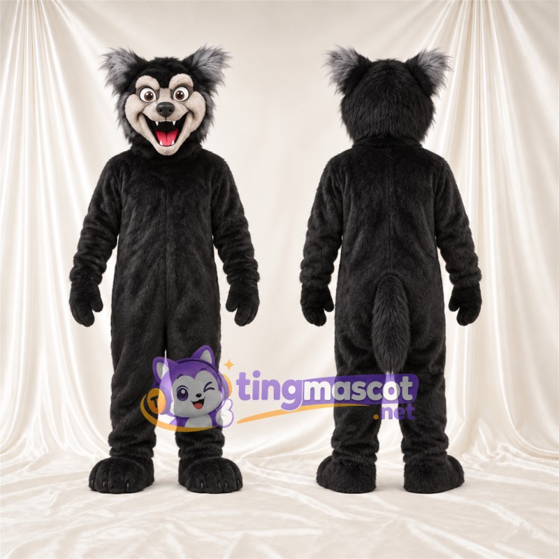 Black and White Wolf Mascot Costume - Pointed Fangs and Shaggy Fur