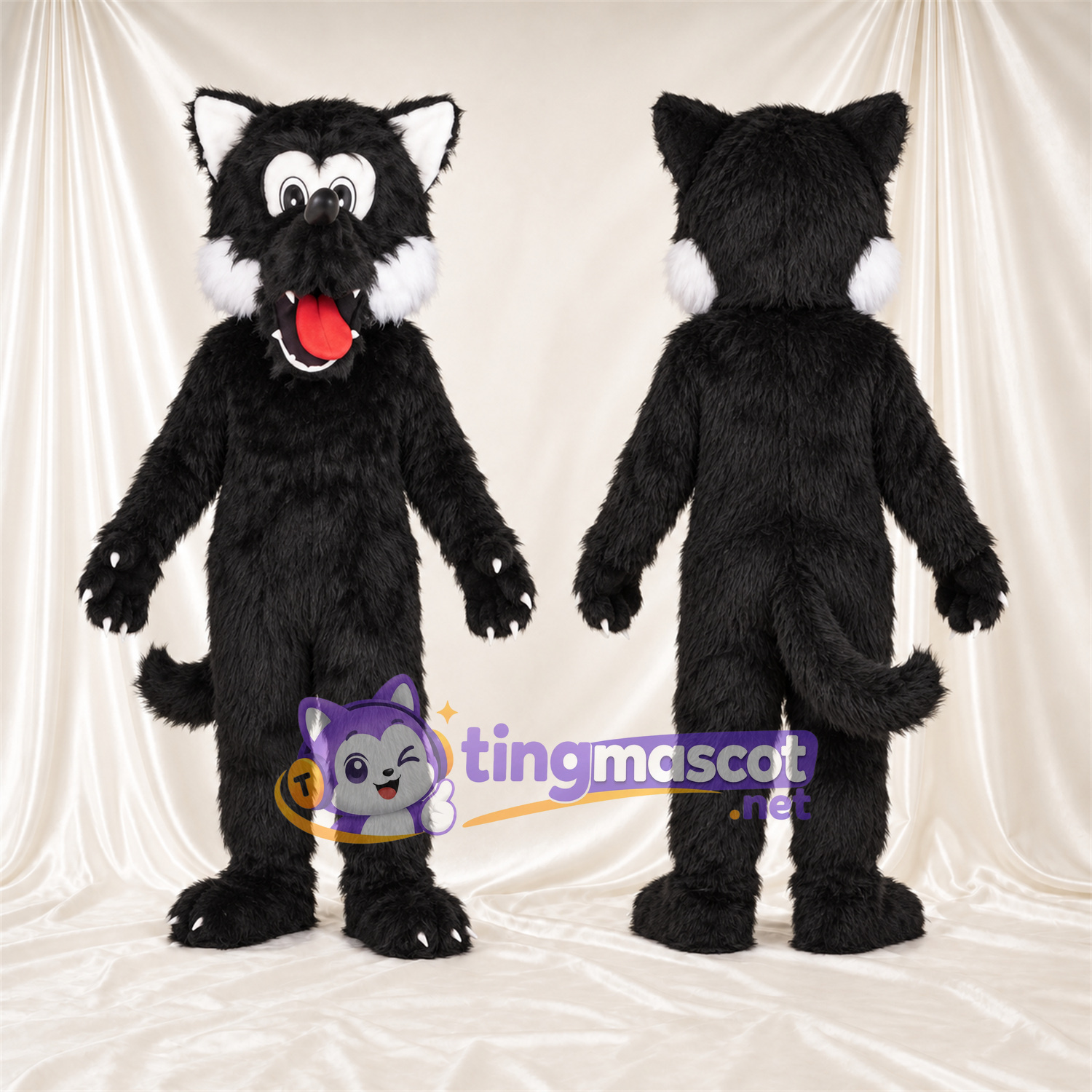 Costume de mascotte Loup – noir – Langue (rouge); Joues (blanc) Costume de mascotte Loup – noir – Langue (rouge); Joues (blanc)
