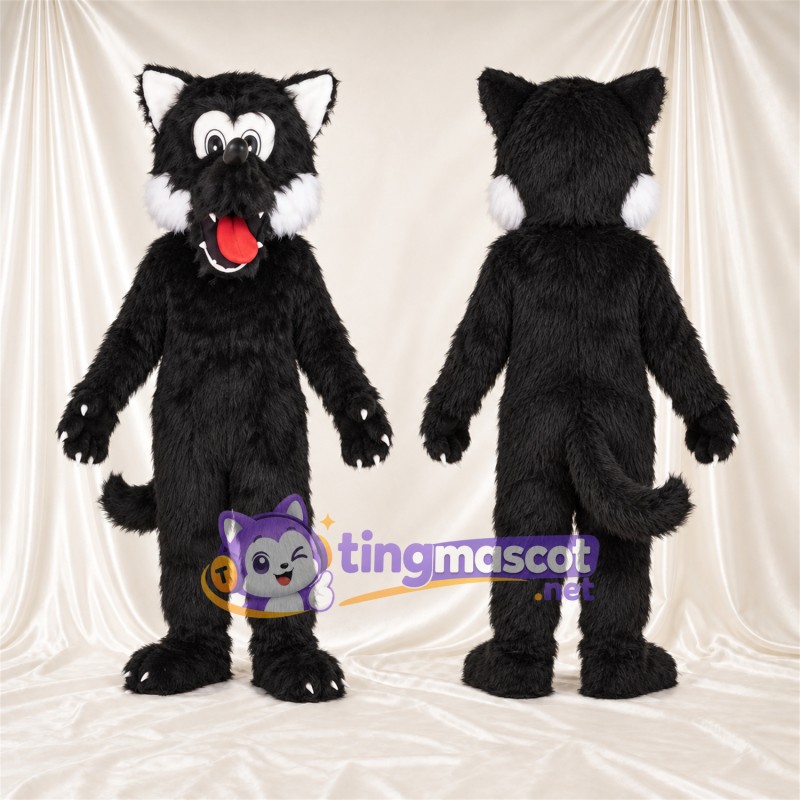Costume de mascotte Loup – noir – Langue (rouge); Joues (blanc)