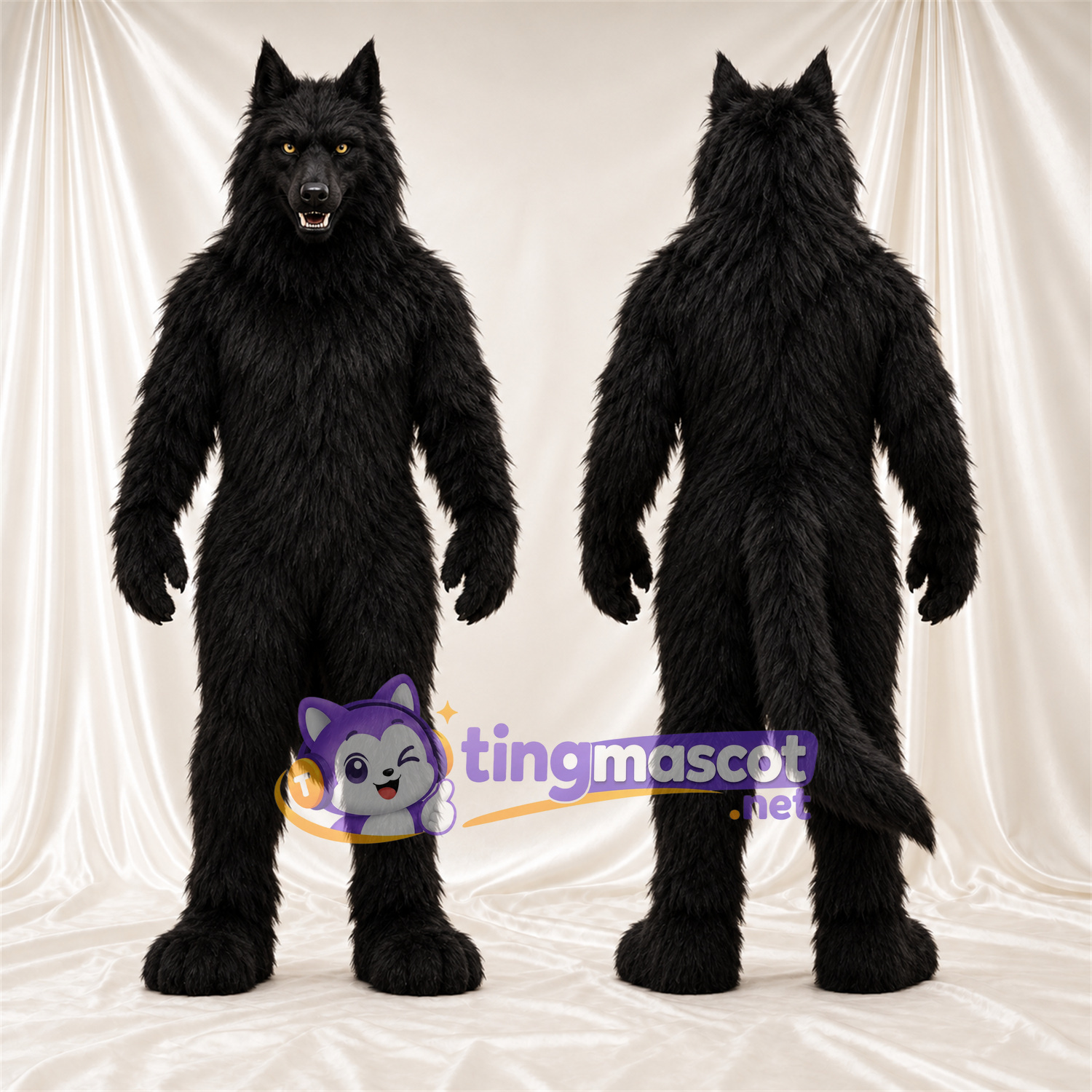 Costume de mascotte Loup – noir – Oreilles pointues; Fourrure hirsute Costume de mascotte Loup – noir – Oreilles pointues; Fourrure hirsute