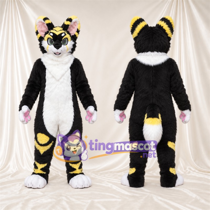 Costume de mascotte Chat – noir / blanc – Coussinets (rose)