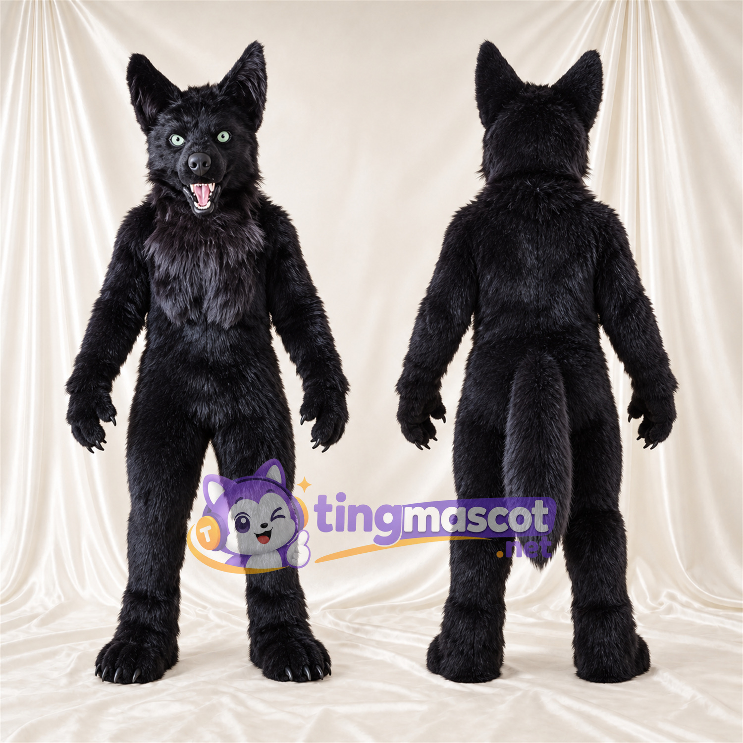 Costume de mascotte Loup – noir – Langue (rose); Fourrure hirsute Costume de mascotte Loup – noir – Langue (rose); Fourrure hirsute