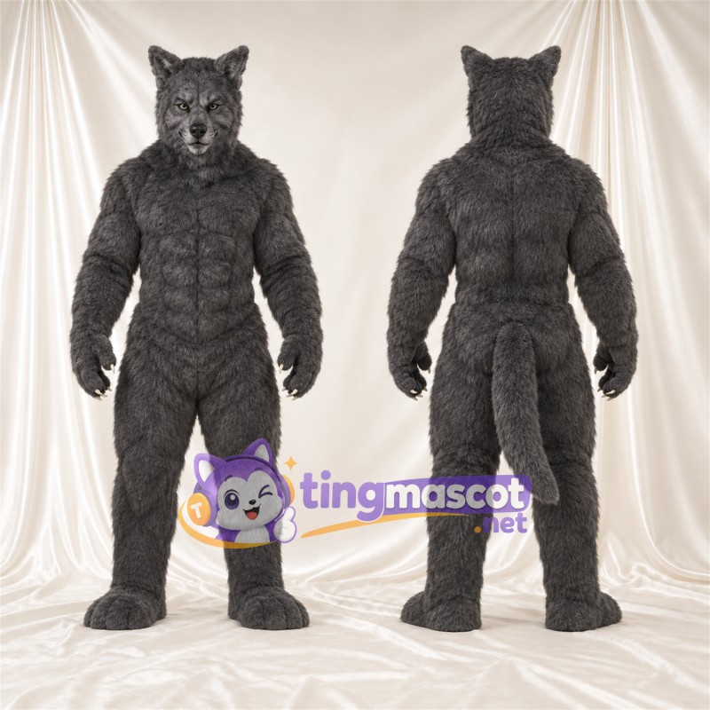 Costume de mascotte Loup – gris foncé – Longue queue; Fourrure hirsute