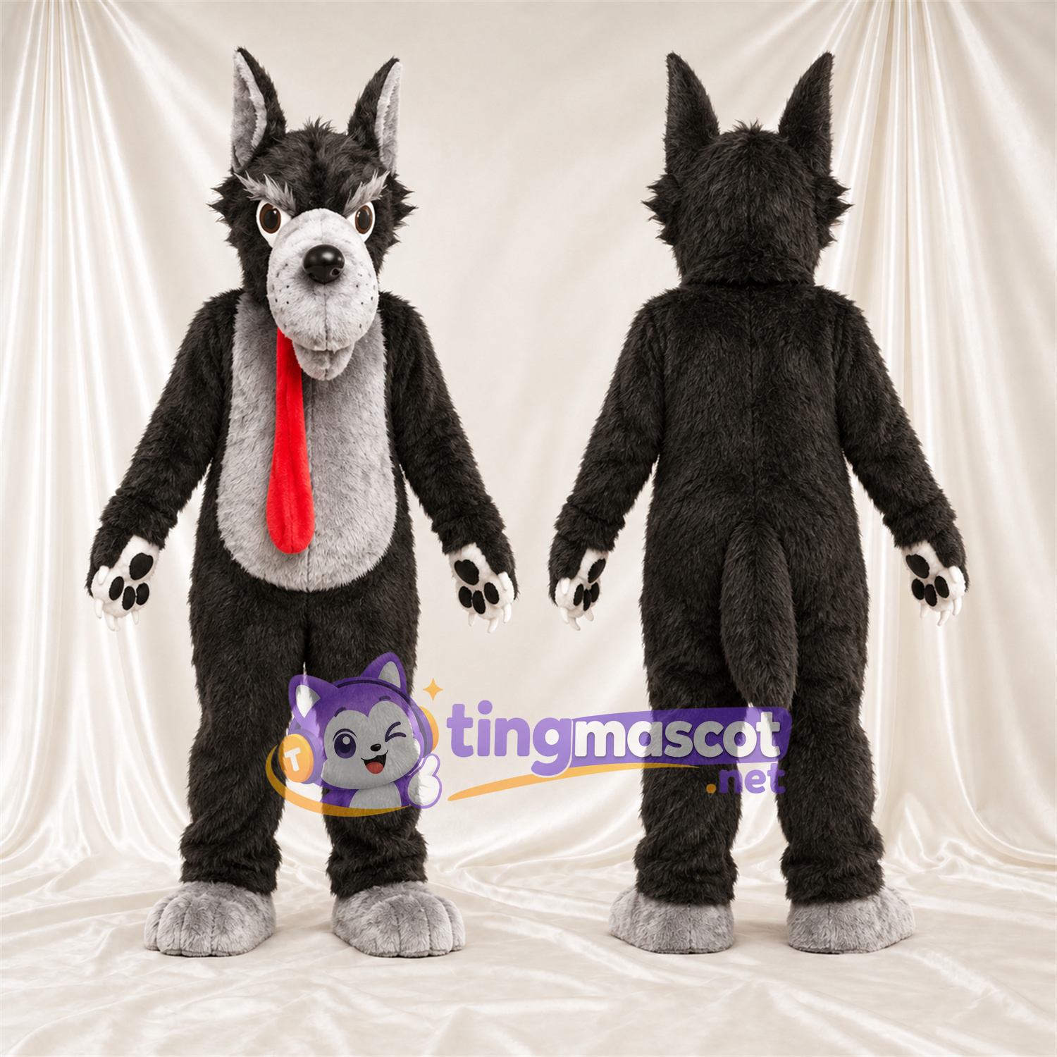 Costume de mascotte Loup – noir / blanc – Cravate (rouge) Costume de mascotte Loup – noir / blanc – Cravate (rouge)