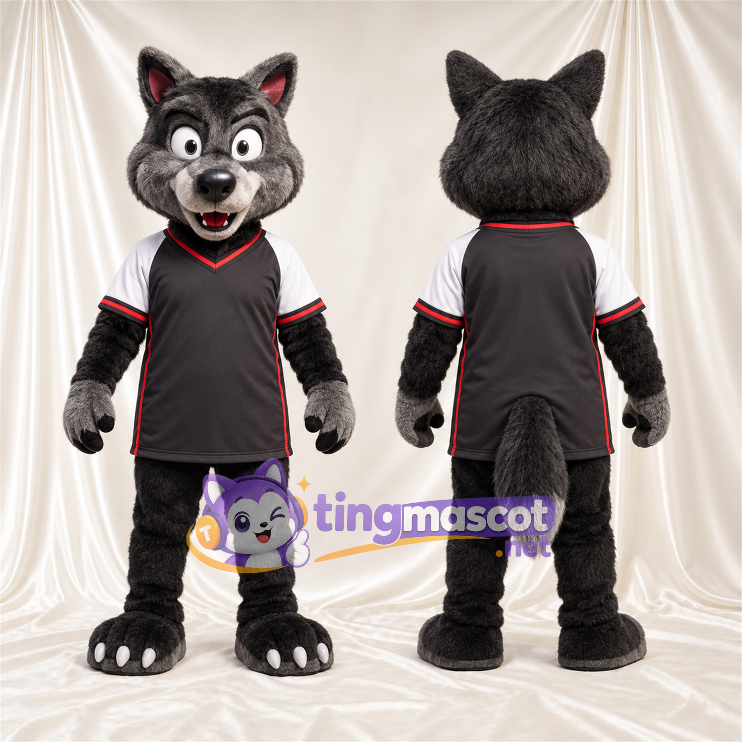 Black and Gray Wolf Mascot Costume - Black and White Sports Shirt Black and Gray Wolf Mascot Costume - Black and White Sports Shirt