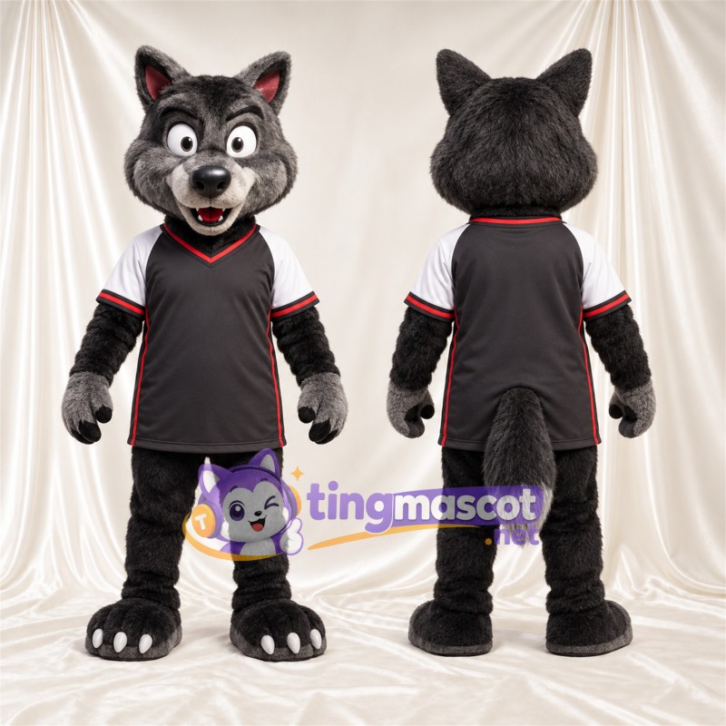 Black and Gray Wolf Mascot Costume - Black and White Sports Shirt