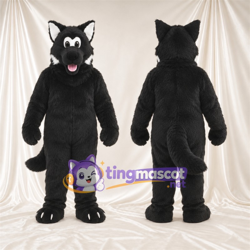 Costume de mascotte Loup – noir – Griffes (blanc); Langue (rose)
