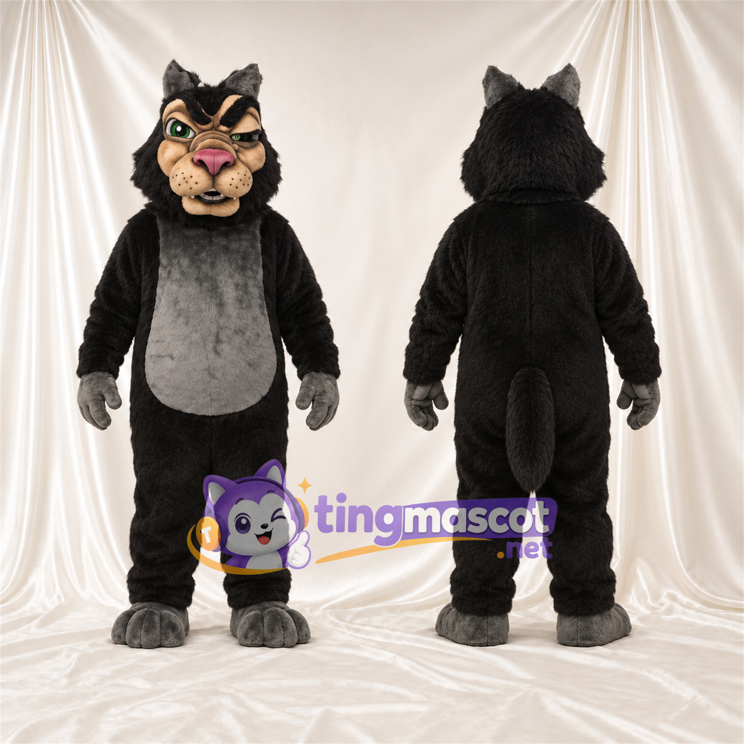 Black and Gray Wildcat Mascot Costume - Gray Belly and Pink Nose Black and Gray Wildcat Mascot Costume - Gray Belly and Pink Nose