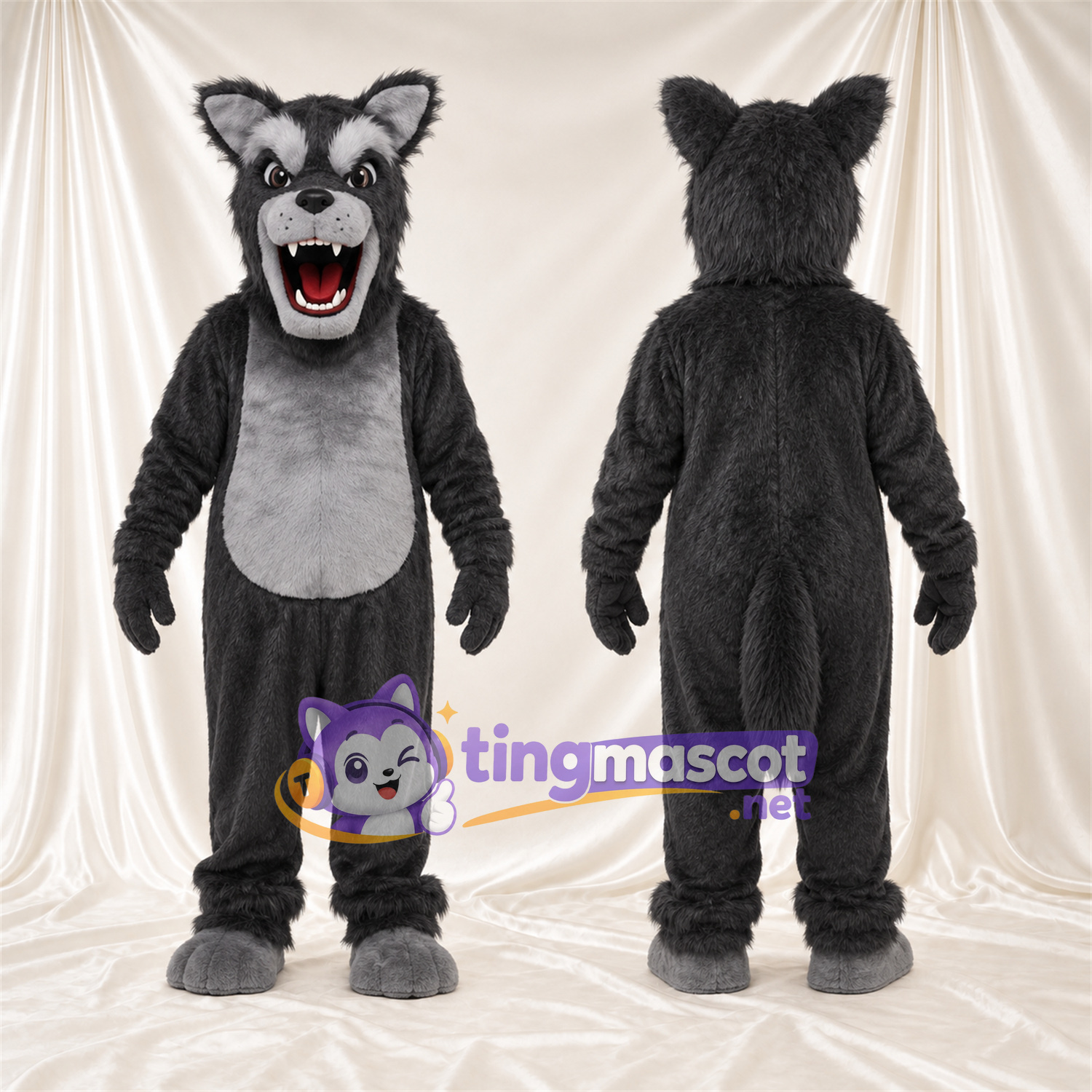 Black and Gray Wolf Mascot Costume - Gray Belly and Pointed Fangs Black and Gray Wolf Mascot Costume - Gray Belly and Pointed Fangs