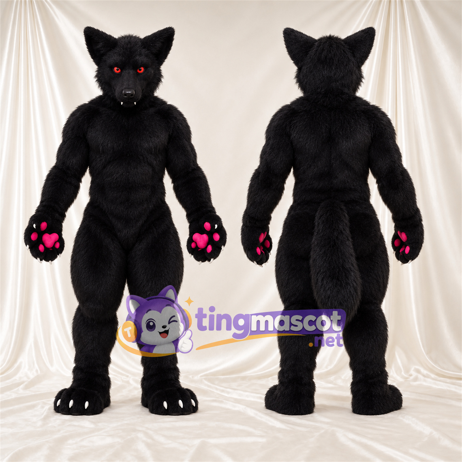 Costume de mascotte Loup – noir – Coussinets (rose); Yeux (rouge) Costume de mascotte Loup – noir – Coussinets (rose); Yeux (rouge)