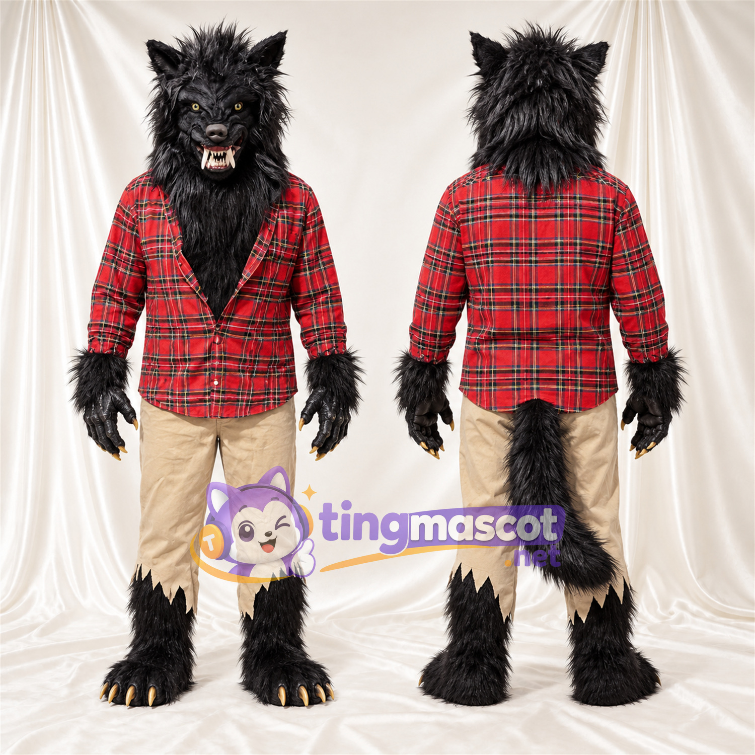 Costume de mascotte Loup – noir – Chemise; Pantalon (brun clair) Costume de mascotte Loup – noir – Chemise; Pantalon (brun clair)
