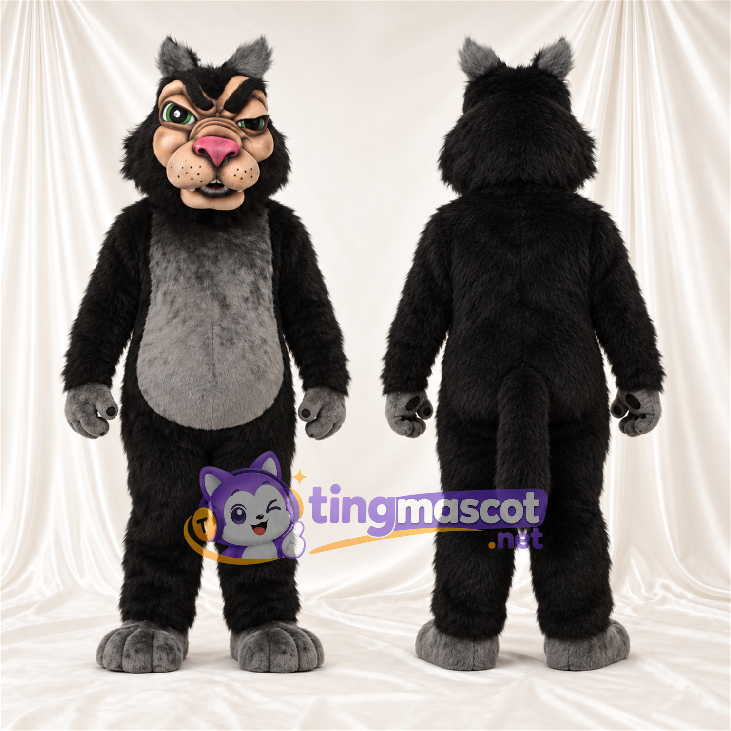 Black and Gray Wildcat Mascot Costume - Gray Belly and Green Eyes Black and Gray Wildcat Mascot Costume - Gray Belly and Green Eyes