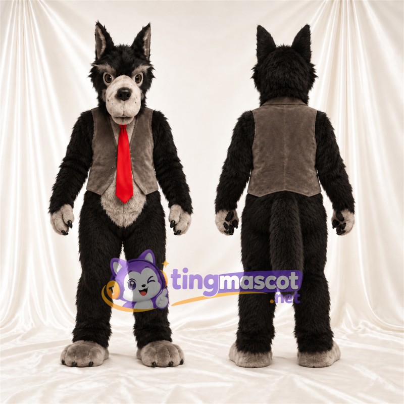 Black and Gray Wolf Mascot Costume - Brown Vest and Red Tie