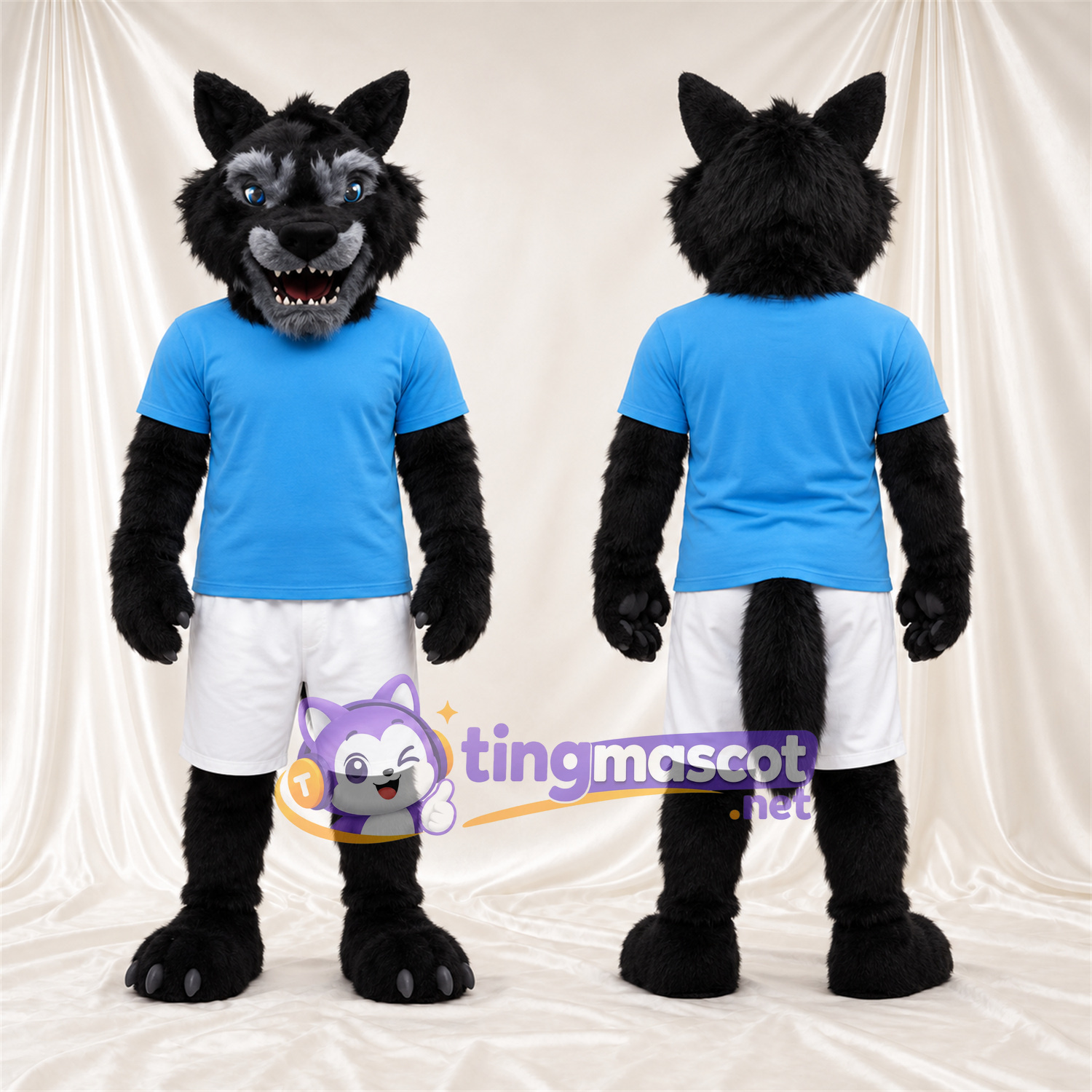 Costume de mascotte Loup – noir – Chemise (bleu); Short (blanc) Costume de mascotte Loup – noir – Chemise (bleu); Short (blanc)