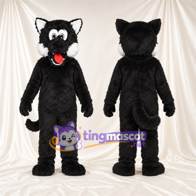 Costume de mascotte Loup – noir – Langue (rouge); Joues (blanc)