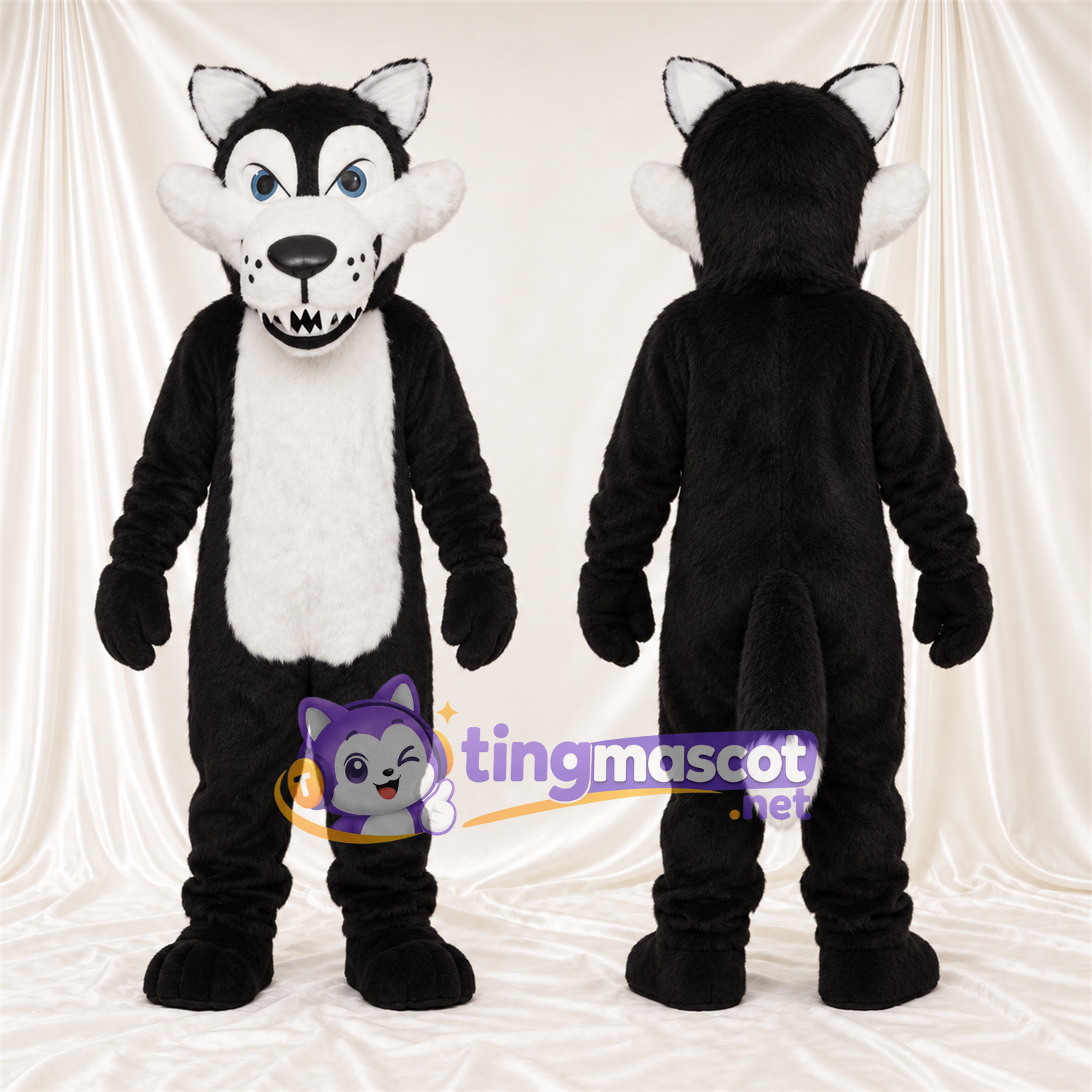 Costume de mascotte Loup – noir / blanc – Bout de la queue (blanc); Sourire avec dents Costume de mascotte Loup – noir / blanc – Bout de la queue (blanc); Sourire avec dents