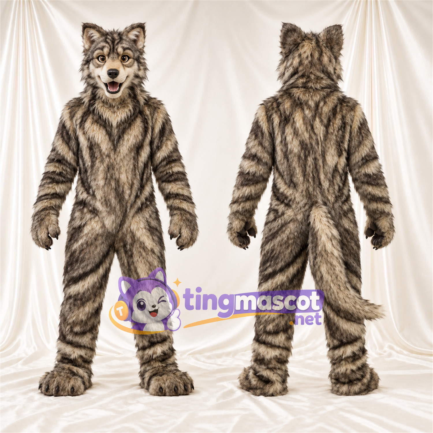 Costume de mascotte Loup – marron – Longue queue; Fourrure hirsute Costume de mascotte Loup – marron – Longue queue; Fourrure hirsute