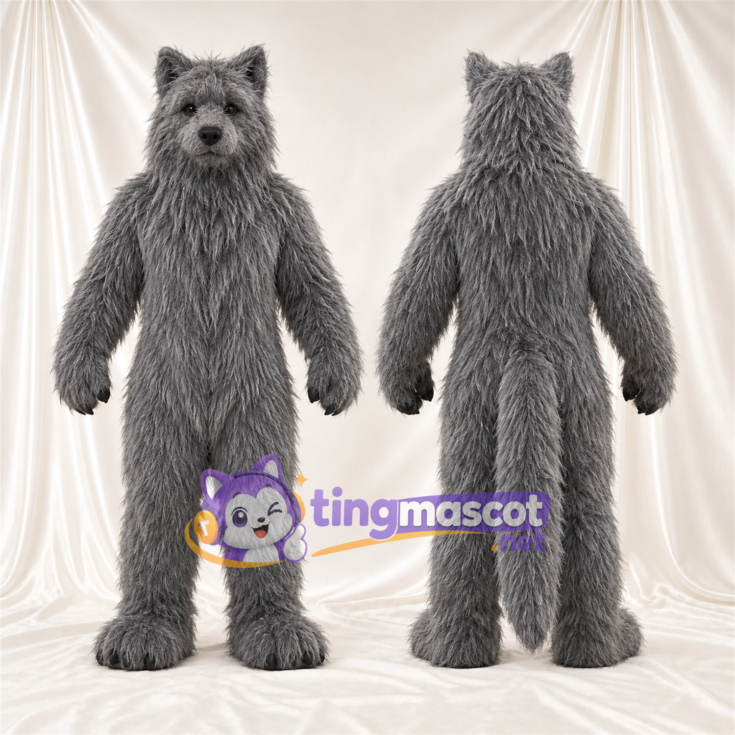 Costume de mascotte Loup – gris – Bouche fermée; Fourrure hirsute Costume de mascotte Loup – gris – Bouche fermée; Fourrure hirsute